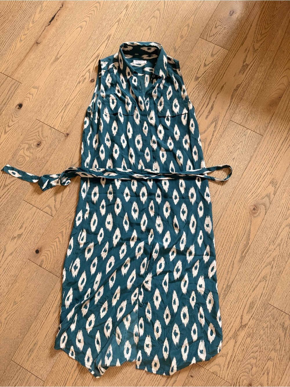 Equipment 100% silk Sleeveless Teal Ikat Print Shirt Dress with Tie Waist - Picture 2 of 4